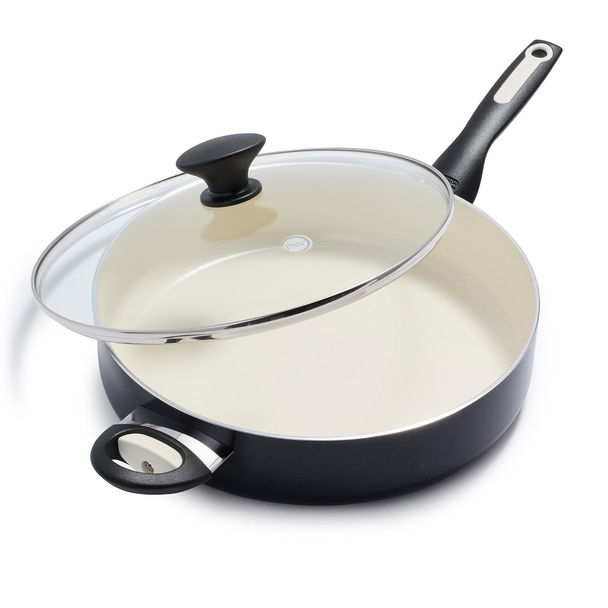 GreenPan Rio front view with lid showing clean design and easy serving