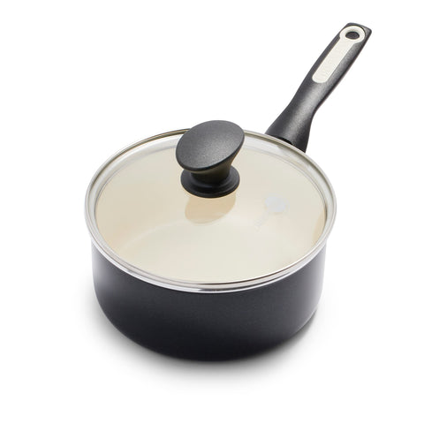 GreenPan Rio front view showing compact saucepan and glass lid, great for everyday cooking