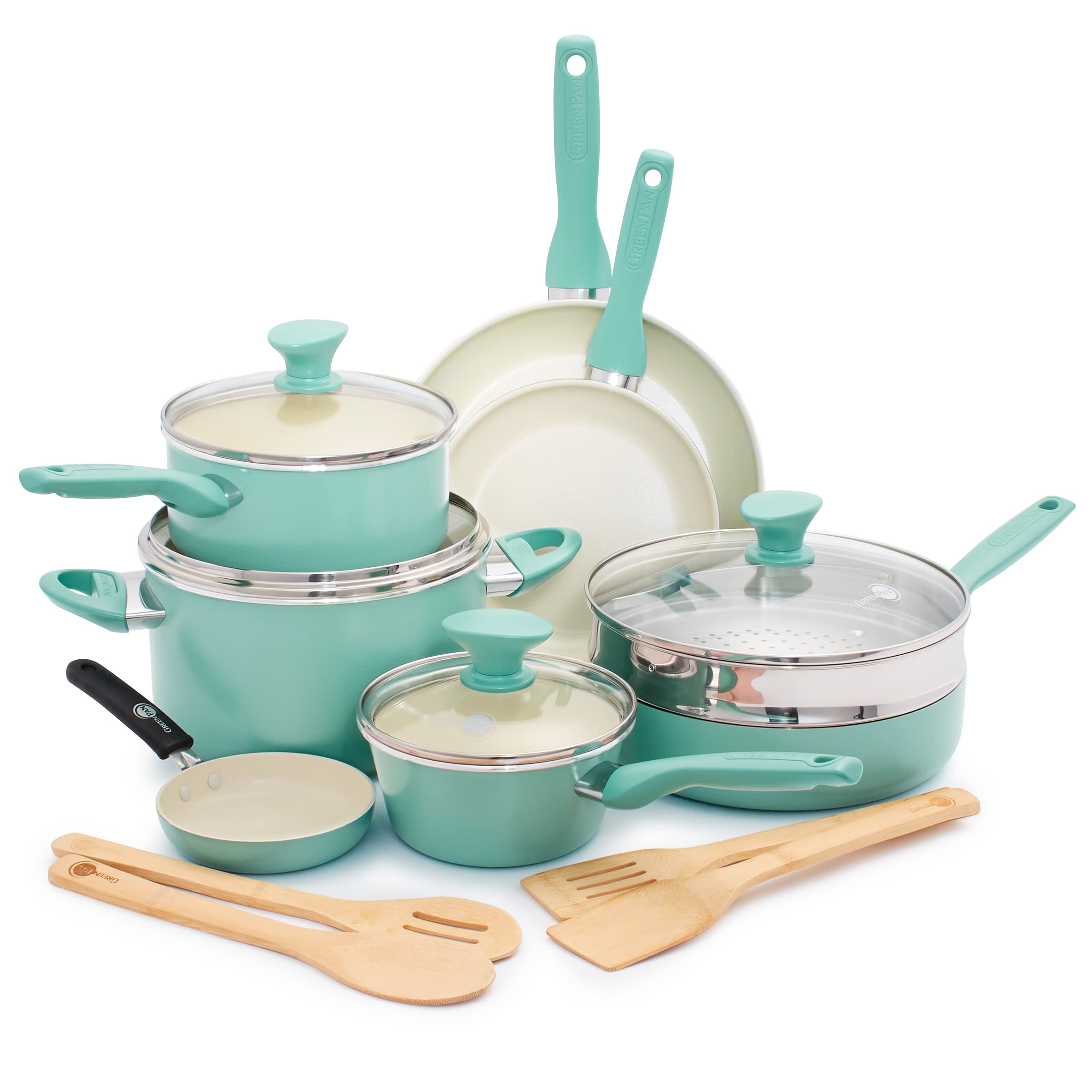 GreenPan Rio full set front view showing turquoise finish and complete pieces, bright kitchen appeal
