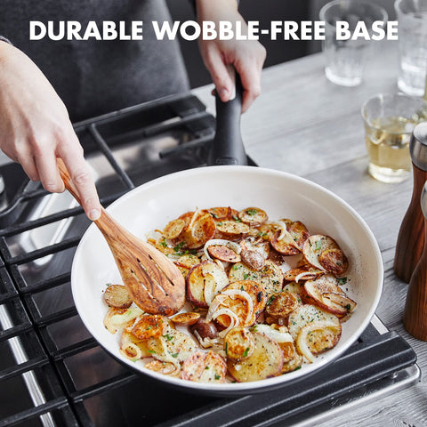 GreenPan Rio skillet in use sautéing vegetables, quick even heating benefit