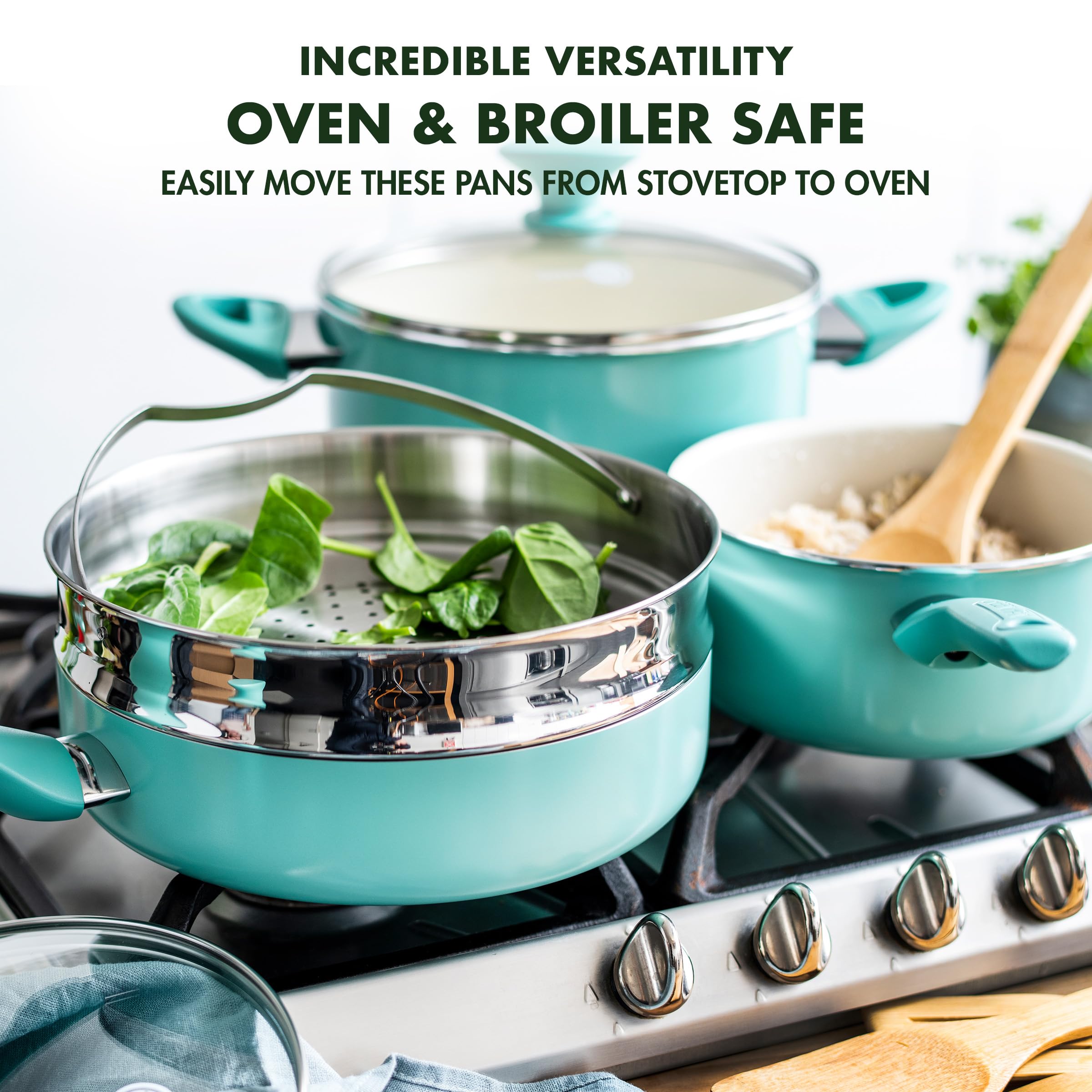 GreenPan Rio in use on stovetop with sautéed vegetables demonstrating even heat distribution