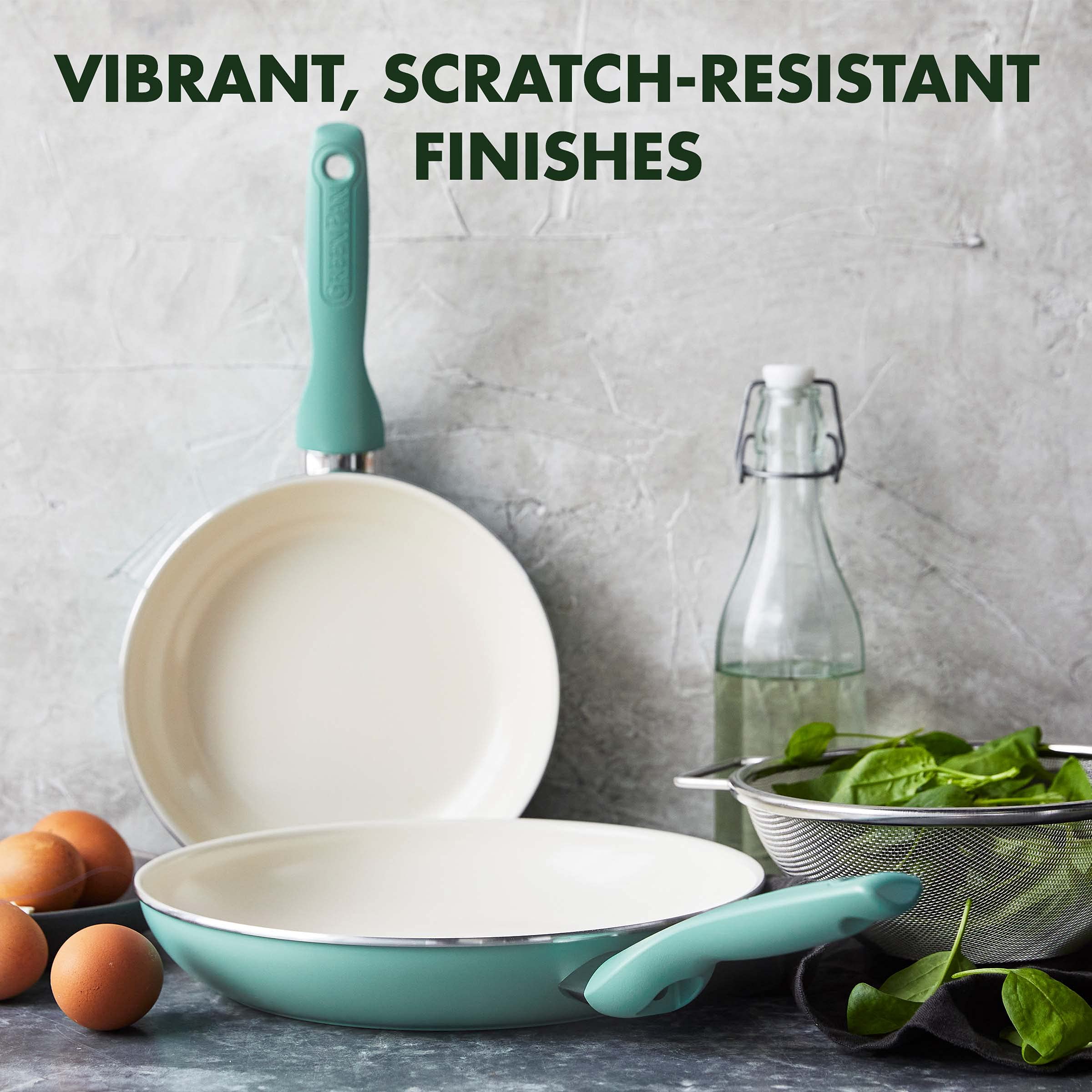 GreenPan styled on counter to show colorful kitchen appeal and function