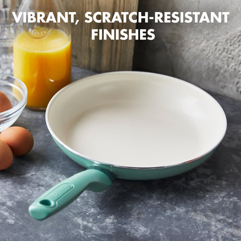 GreenPan Rio styled in a turquoise kitchen to show colorful, everyday cookware appeal