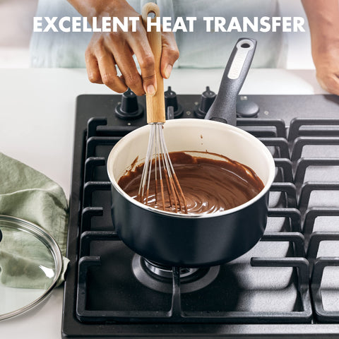 GreenPan Rio next to measuring cup illustrating 2‑quart size and kitchen scale convenience