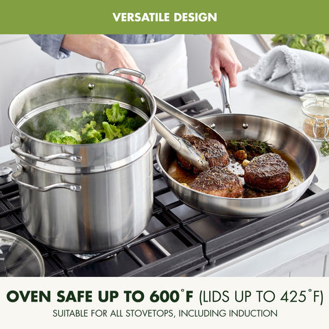 GreenPan riveted stainless handle close-up illustrating secure, stay-cool grip