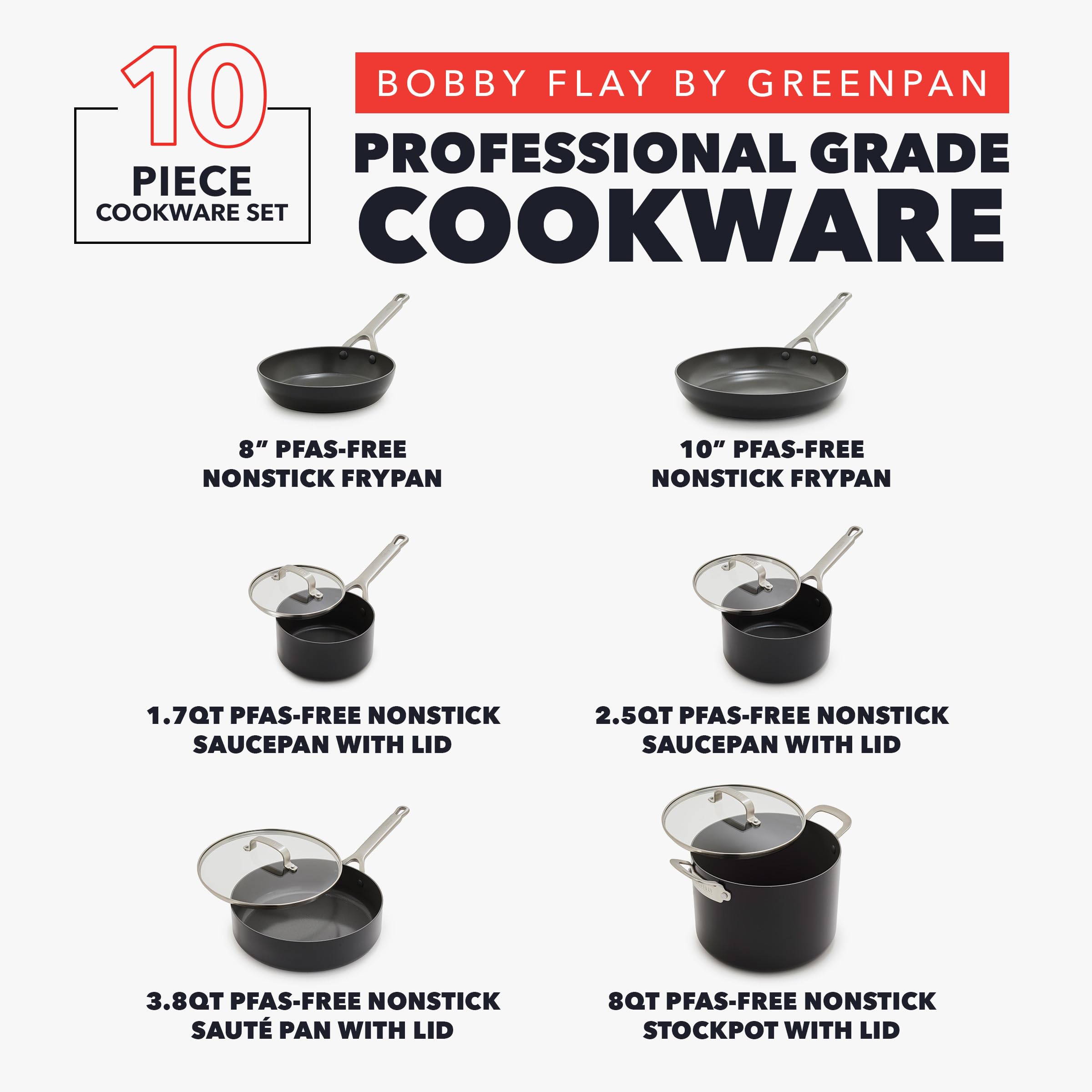 GreenPan saucepans with lids stacked — easy simmering and sealed cooking