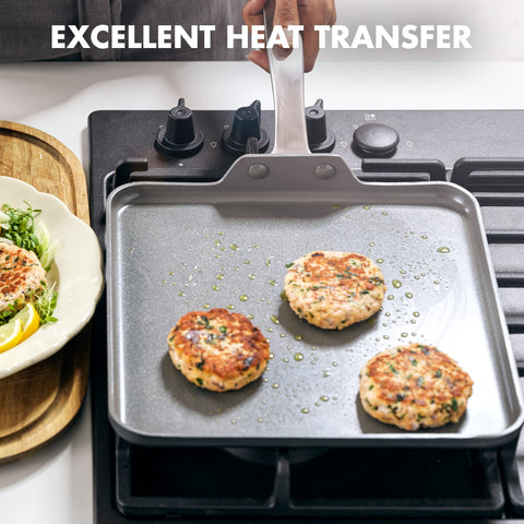 GreenPan next to a plate showing 11-inch scale for space-saving cooking benefit