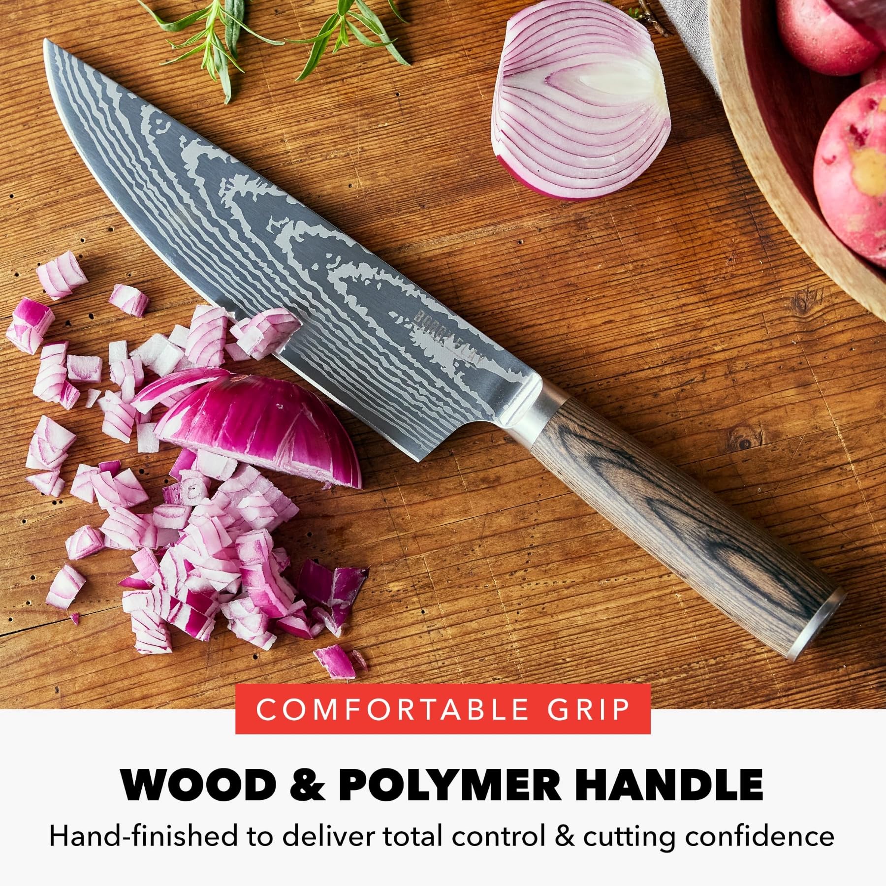 GreenPan slicing vegetables on board showing smooth cutting performance benefit