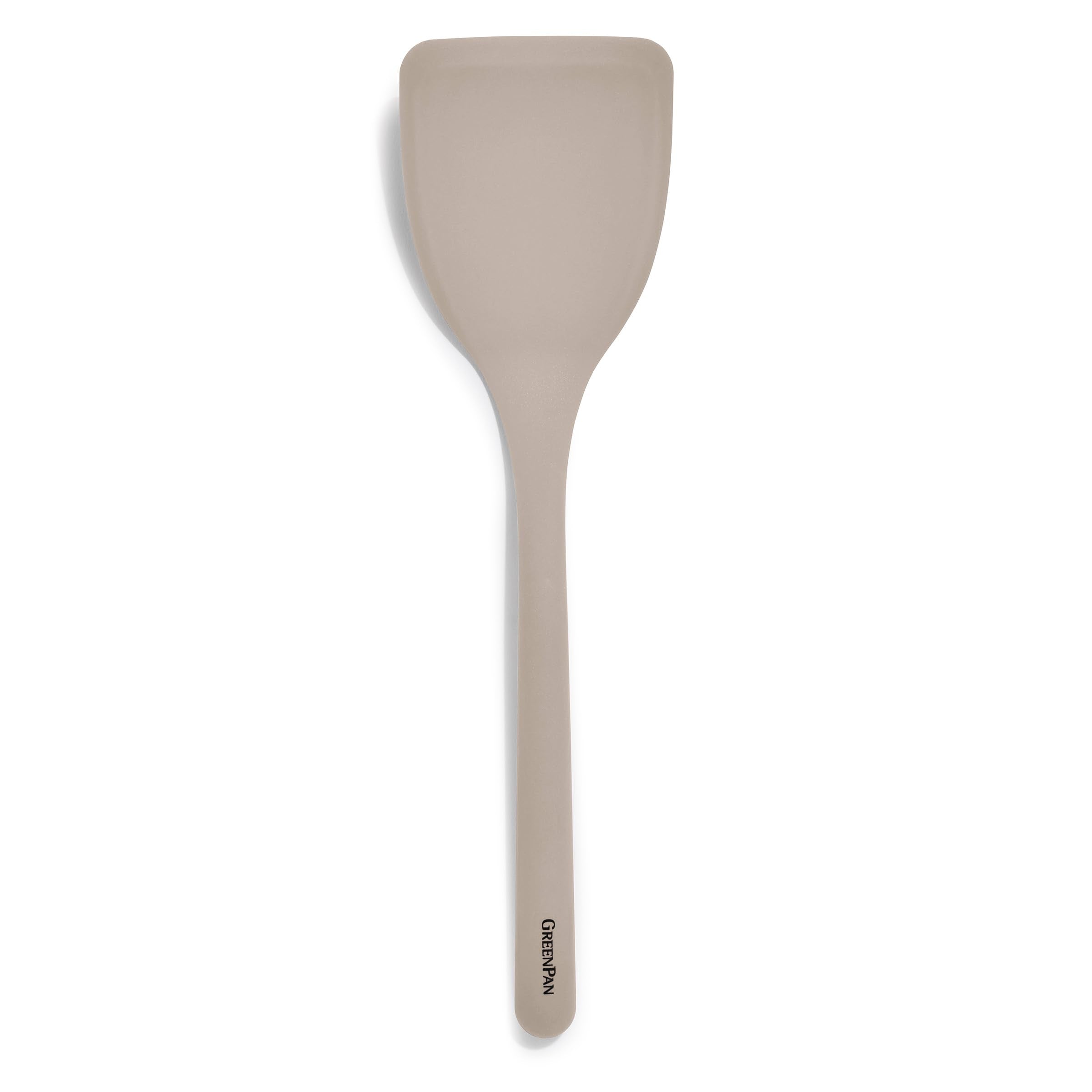 GreenPan solid turner front view showing taupe silicone and rigid core benefit