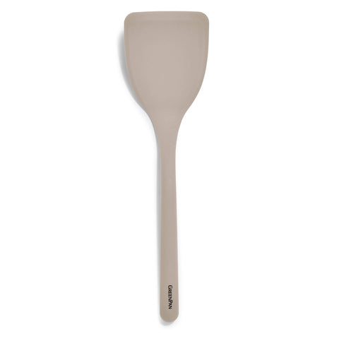 GreenPan solid turner front view showing taupe silicone and rigid core benefit