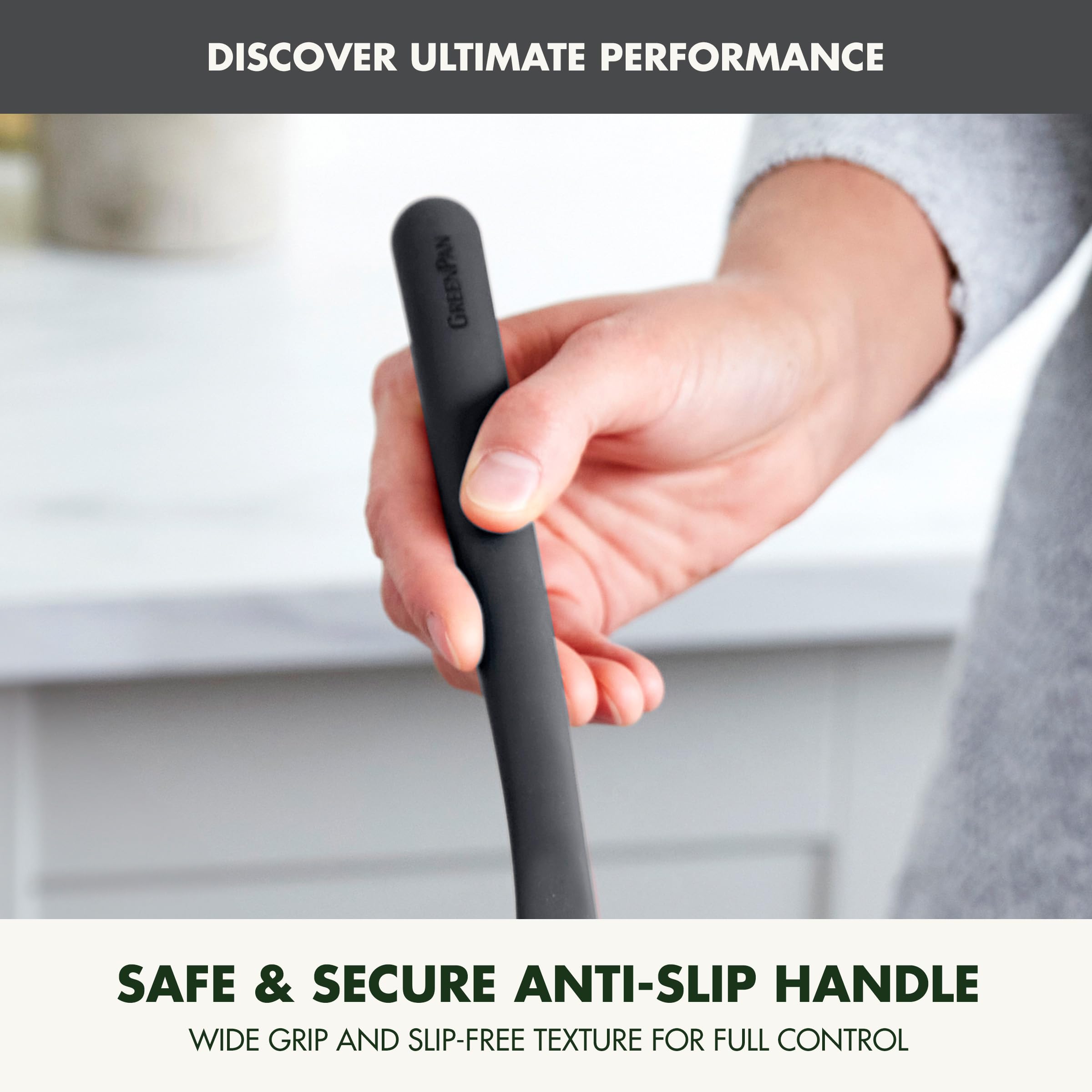 GreenPan spatula flipping pancake demonstrating smooth release and no-scratch use