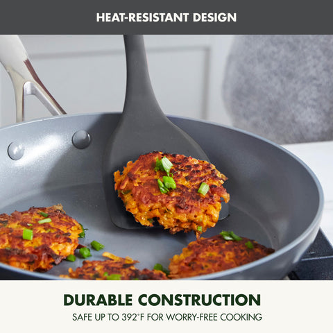 GreenPan turner beside nonstick pan illustrating safe use with ceramic coatings