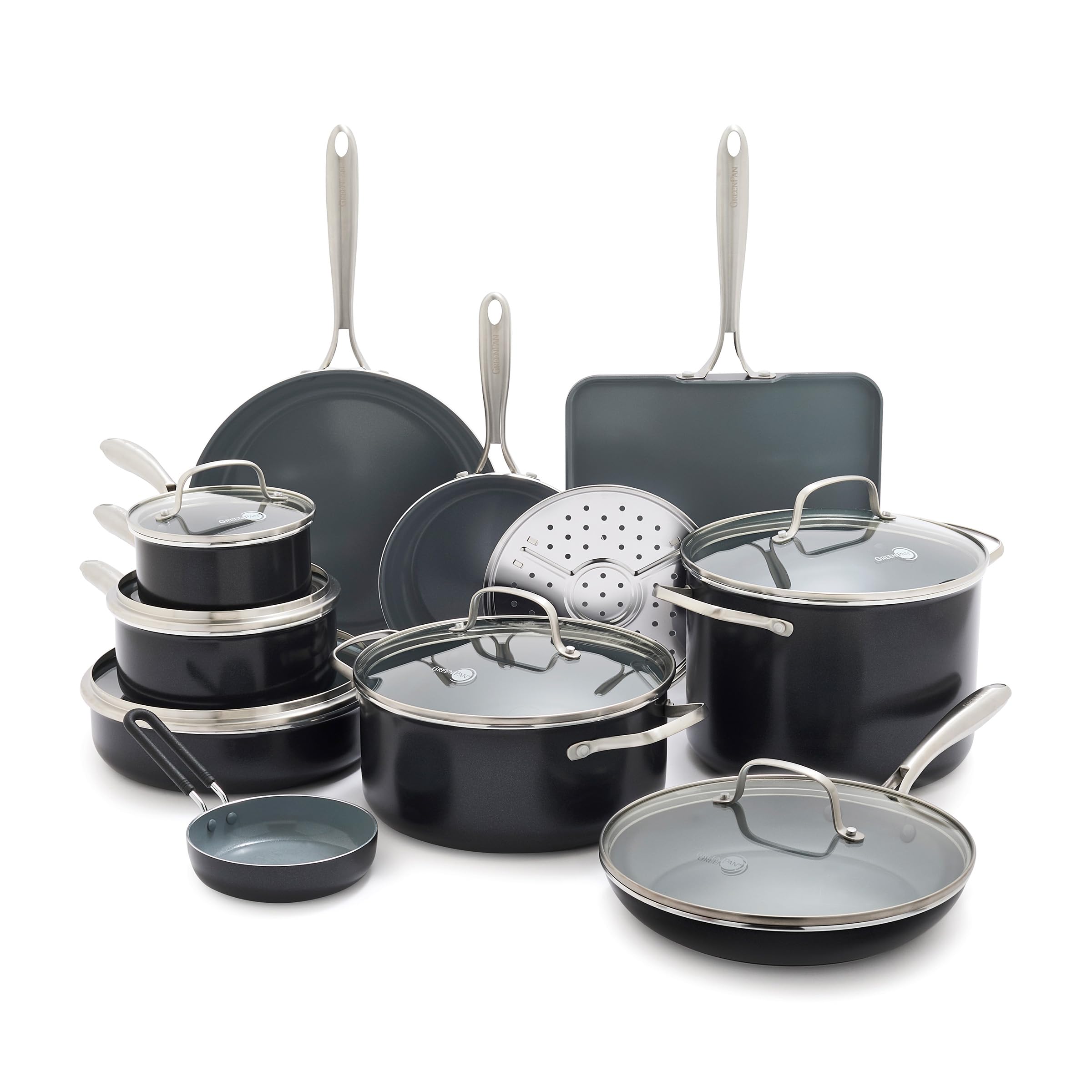 GreenPan Swift front overview showing full 17-piece set and organization benefit