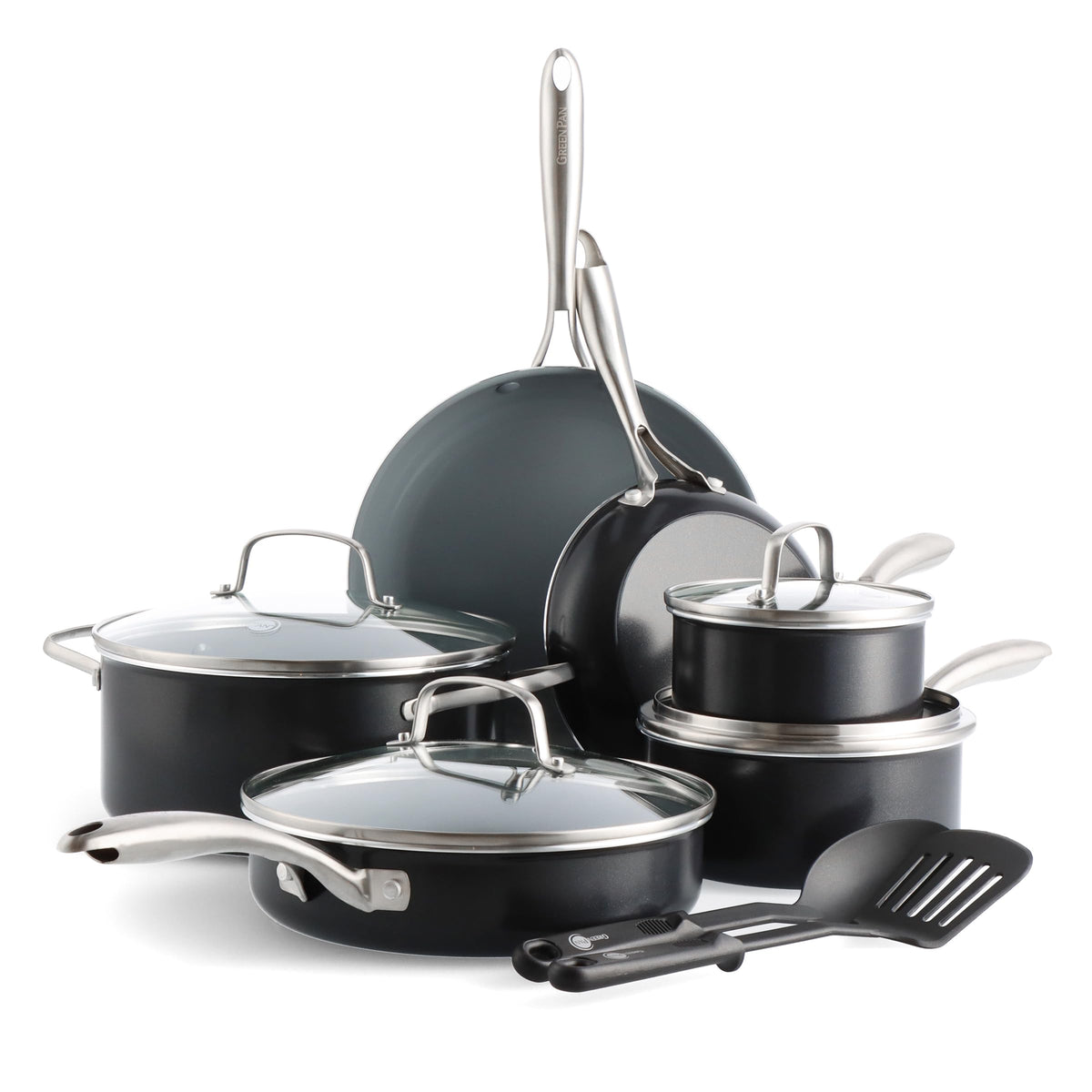 GreenPan Swift front view showing full 12-piece set and included lids, perfect starter kit
