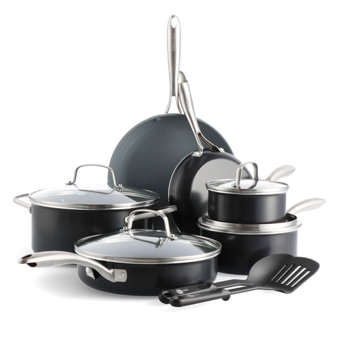 GreenPan Swift front view showing full 12-piece set and included lids, perfect starter kit