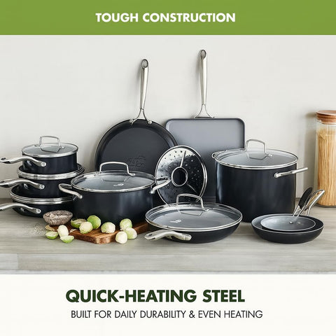 GreenPan Swift frying pan with eggs showing nonstick release and quick cleanup