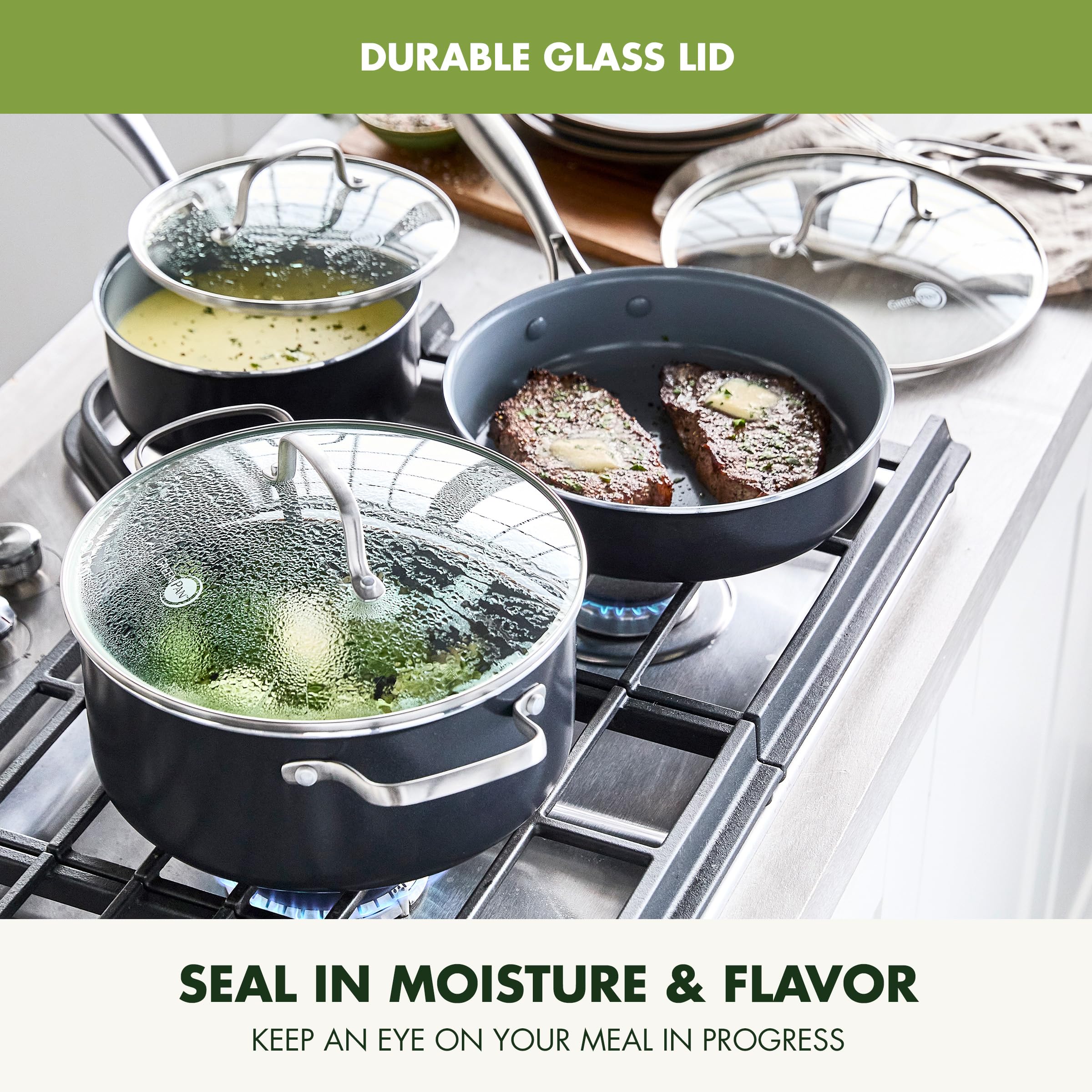 GreenPan Swift square griddle in use providing even searing and large surface area