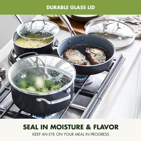 GreenPan Swift square griddle in use providing even searing and large surface area