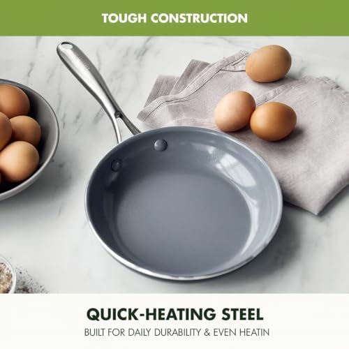 GreenPan Swift stainless steel handle rivet detail, showing secure grip benefit