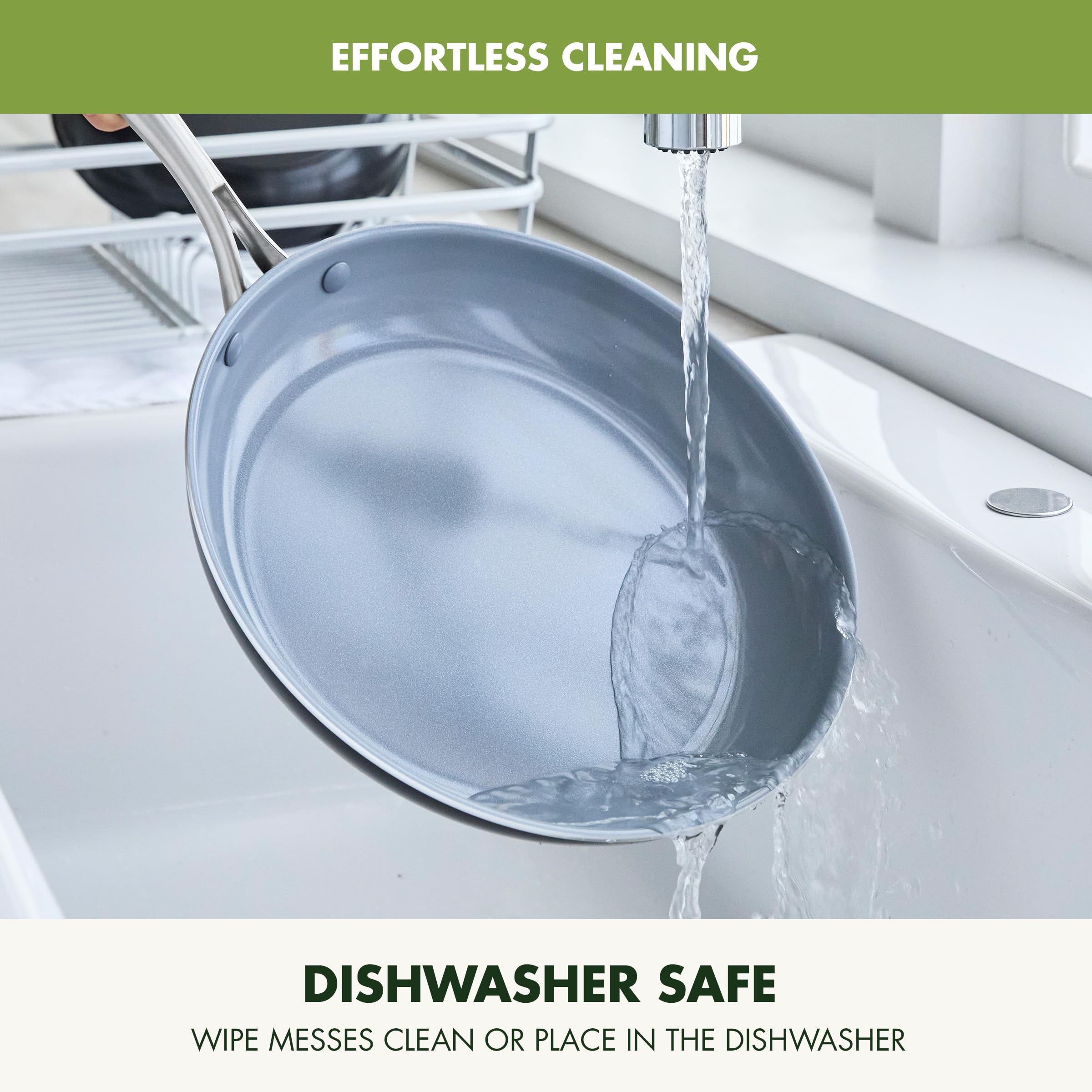 Included nylon utensils and Renew Sponge beside GreenPan Swift for safe stirring and cleaning