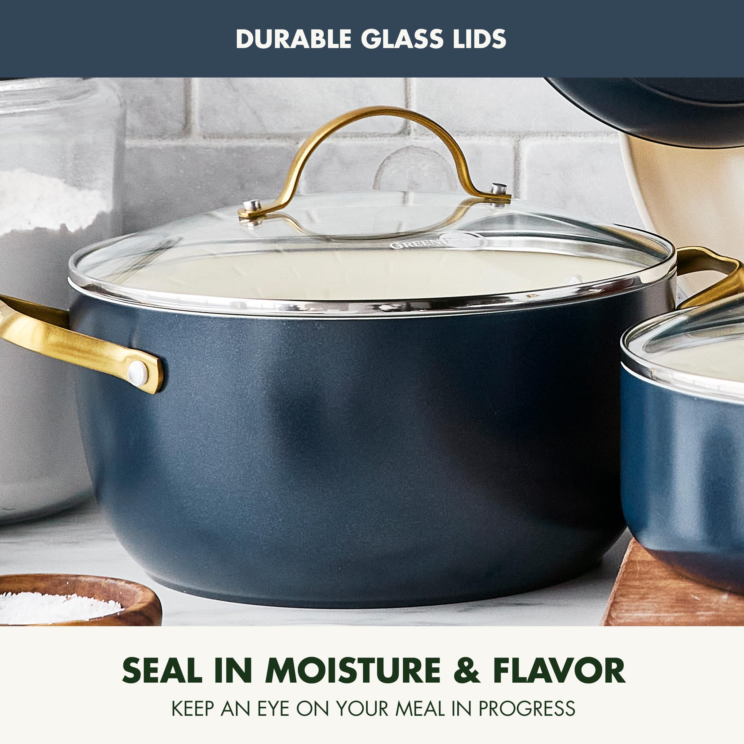 GreenPan tempered glass lid with steam inside letting you monitor food