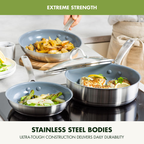 GreenPan Treviso sauté pan in action with vegetables steaming for quick browning