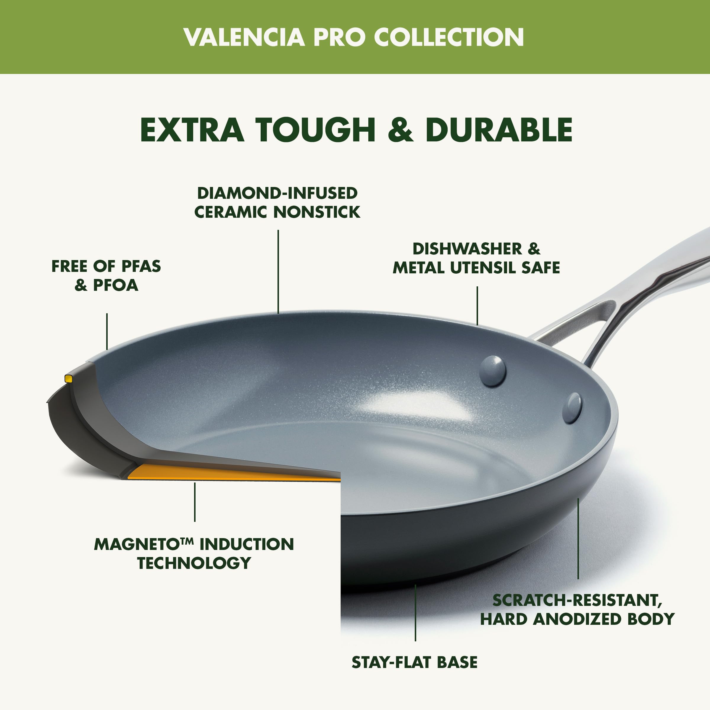 GreenPan Valencia Pro stainless steel handle detail for comfortable stovetop-to-oven use