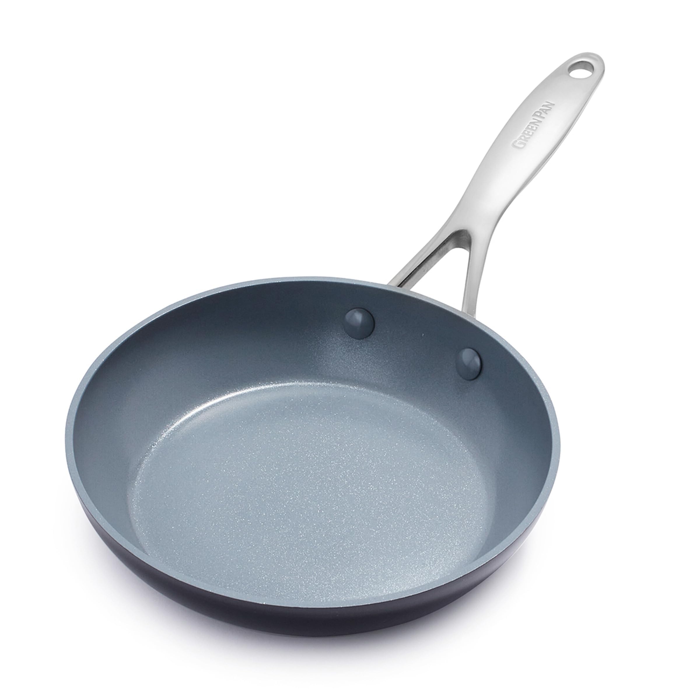 GreenPan Valencia Pro front view showing compact 8-inch pan and polished handle, durable and ready to cook