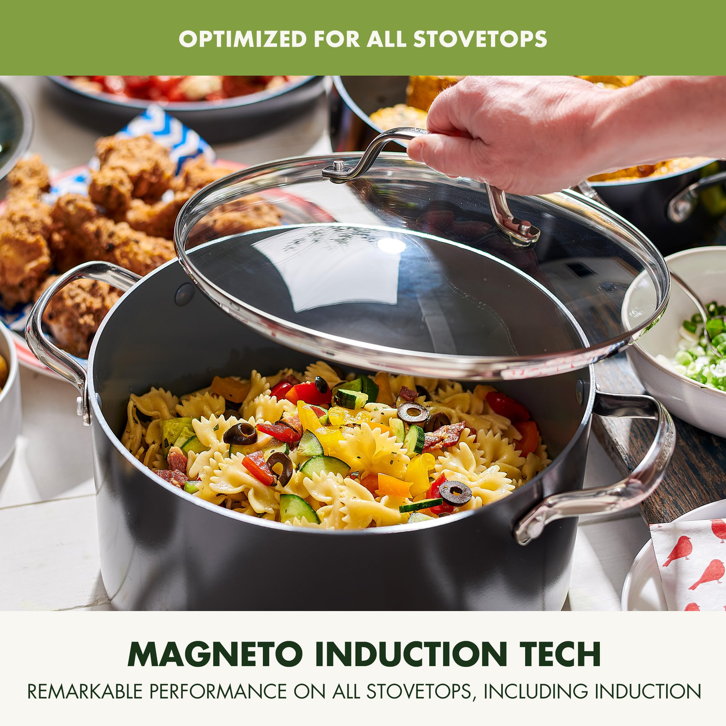 GreenPan Valencia Pro tempered glass lid view, lets you monitor cooking easily