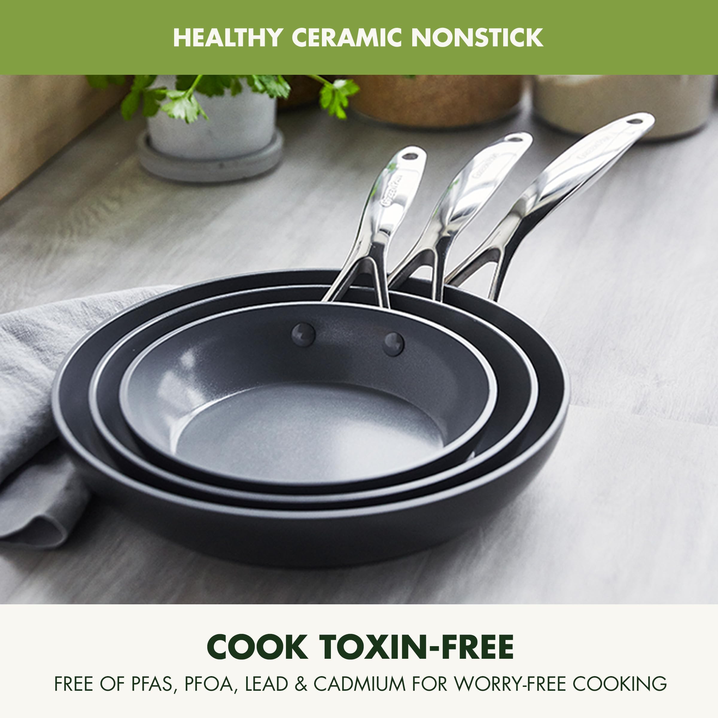 GreenPan 9.5-inch skillet in use on stovetop for even browning benefit