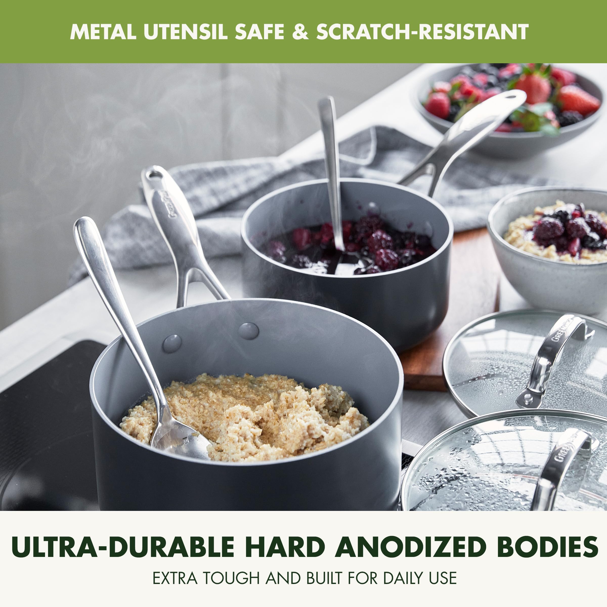 GreenPan all pieces laid out illustrating comprehensive cookware selection