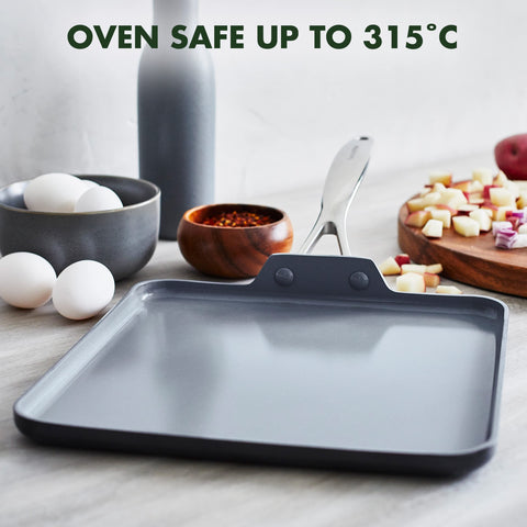 GreenPan being wiped clean under faucet benefit: simple cleanup and dishwasher compatibility