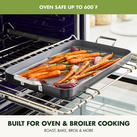 GreenPan griddle being rinsed and loaded into dishwasher for easy-clean benefit