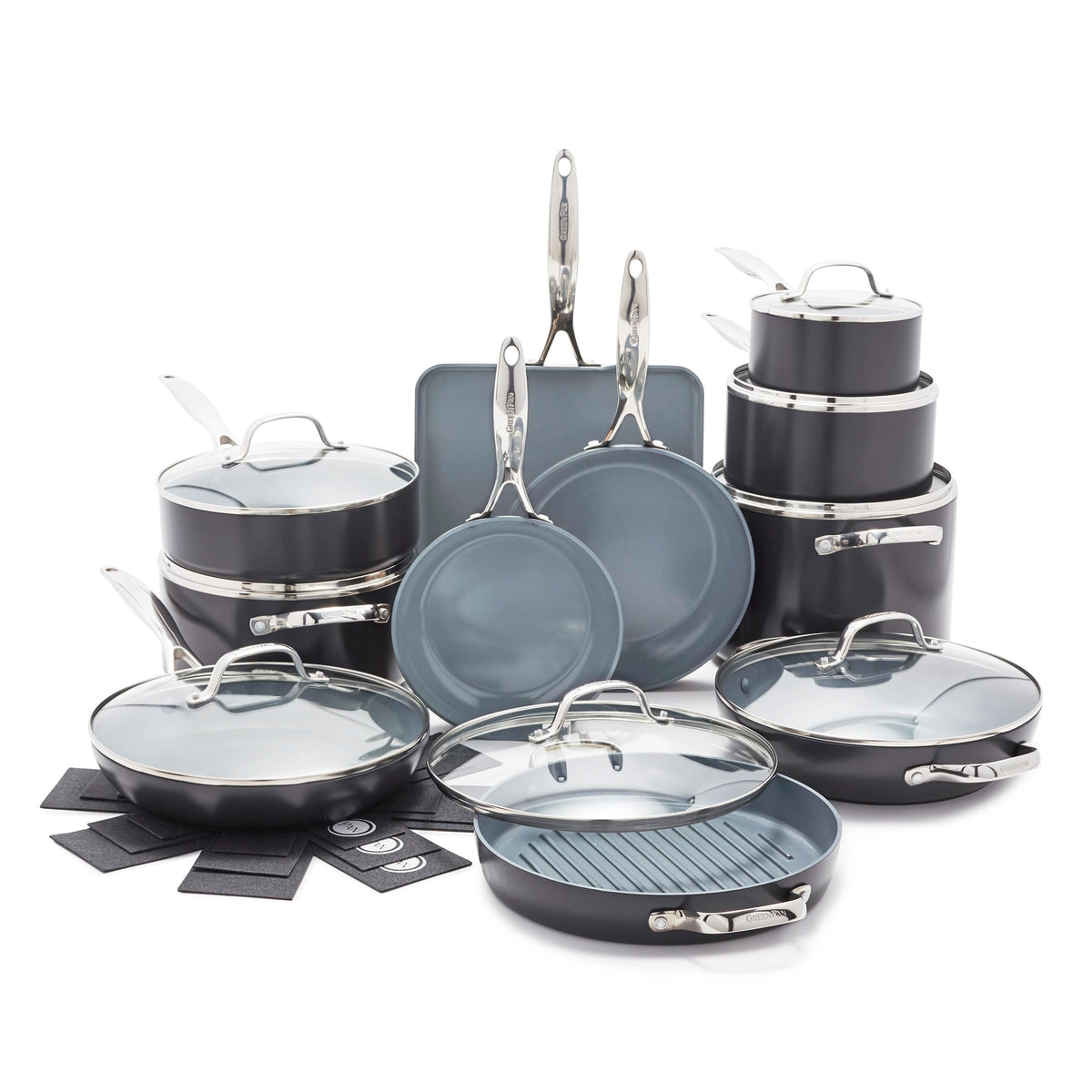 GreenPan front overview showing full 22-piece Valencia Pro set and versatility