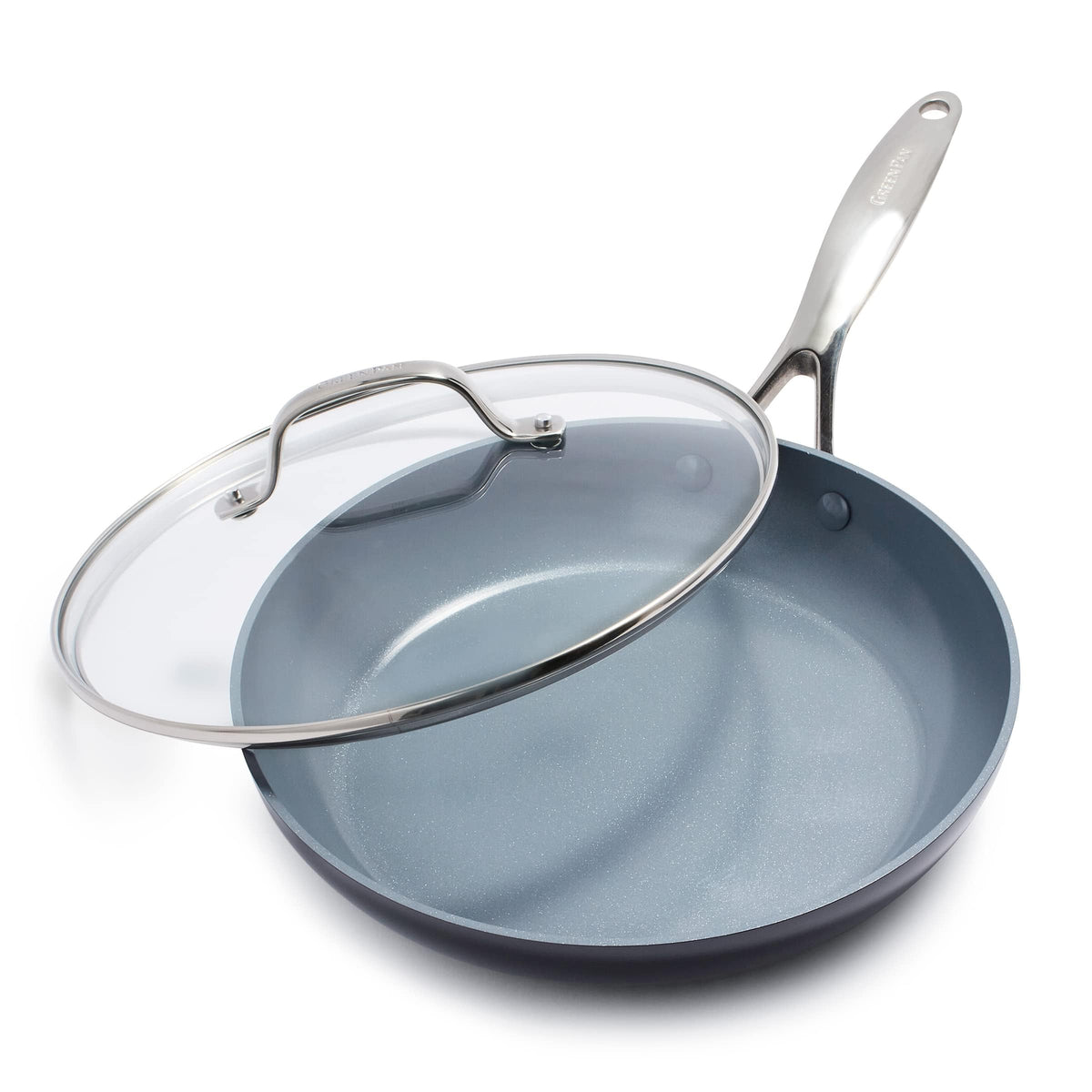 GreenPan Valencia Pro front view showing sleek pan design and easy cooking