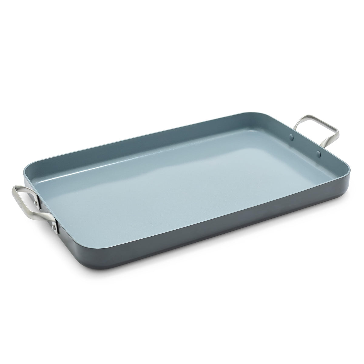 GreenPan front view of Valencia Pro griddle showing wide cooking surface and benefits