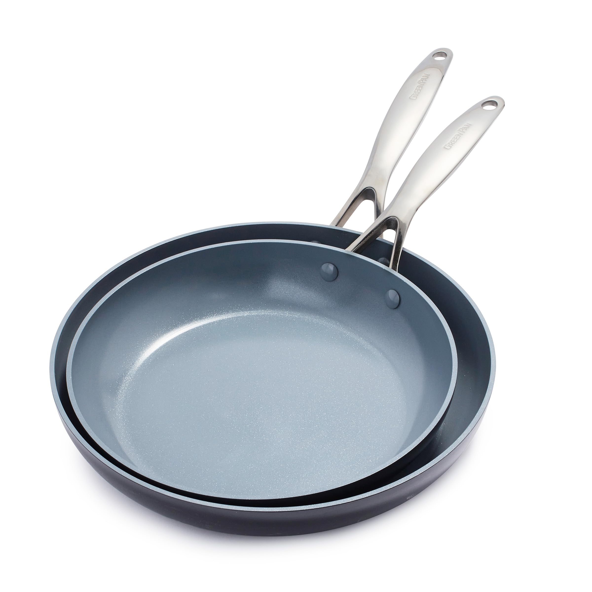 GreenPan Valencia Pro front view showing both 10 and 12 inch pans and versatile use