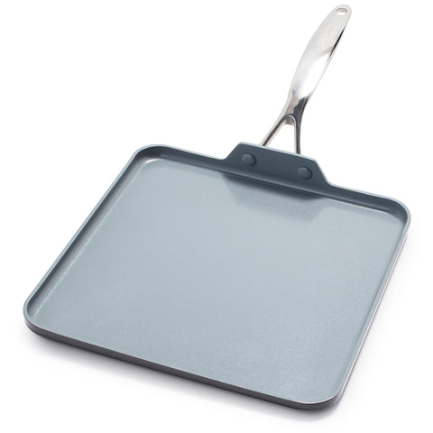 GreenPan Valencia Pro front view showing flat 11-inch cooking surface and polished handle benefit: spacious cooking