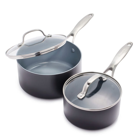 GreenPan front view of both saucepans showing set and lids for versatile cooking