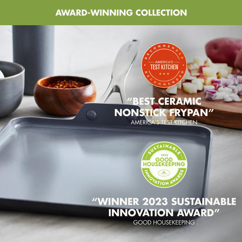 GreenPan close-up of stainless steel handle with V-cutout benefit: cool-touch oven transfer