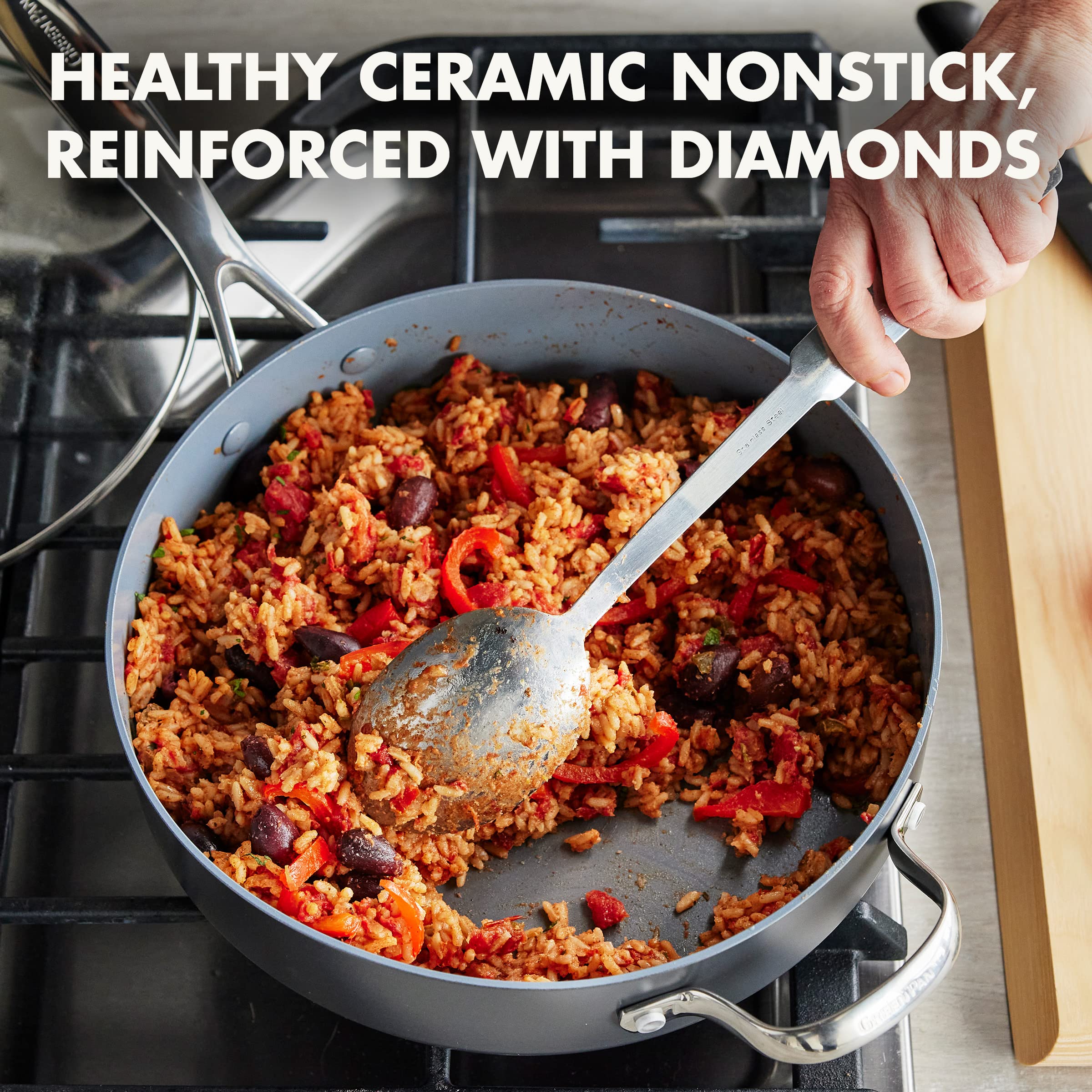 GreenPan stainless steel handle detail highlighting cool-touch design and grip