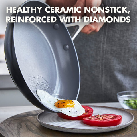 GreenPan Valencia Pro stainless steel handle detail offering safe oven transfer
