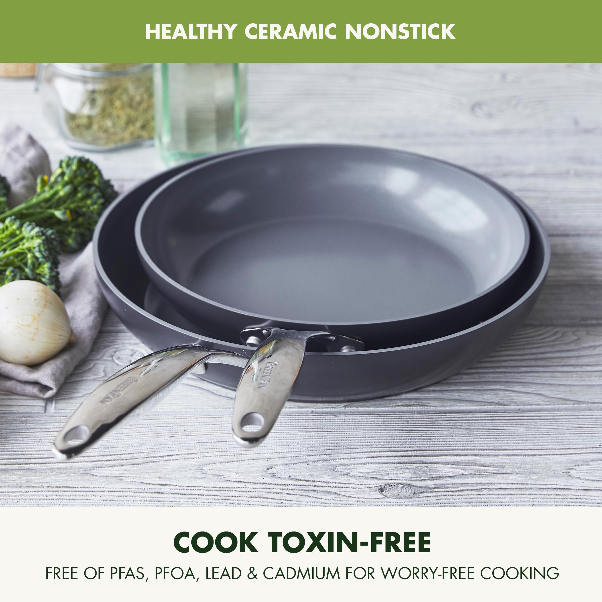 GreenPan close-up of stainless steel handle showing comfortable grip benefit