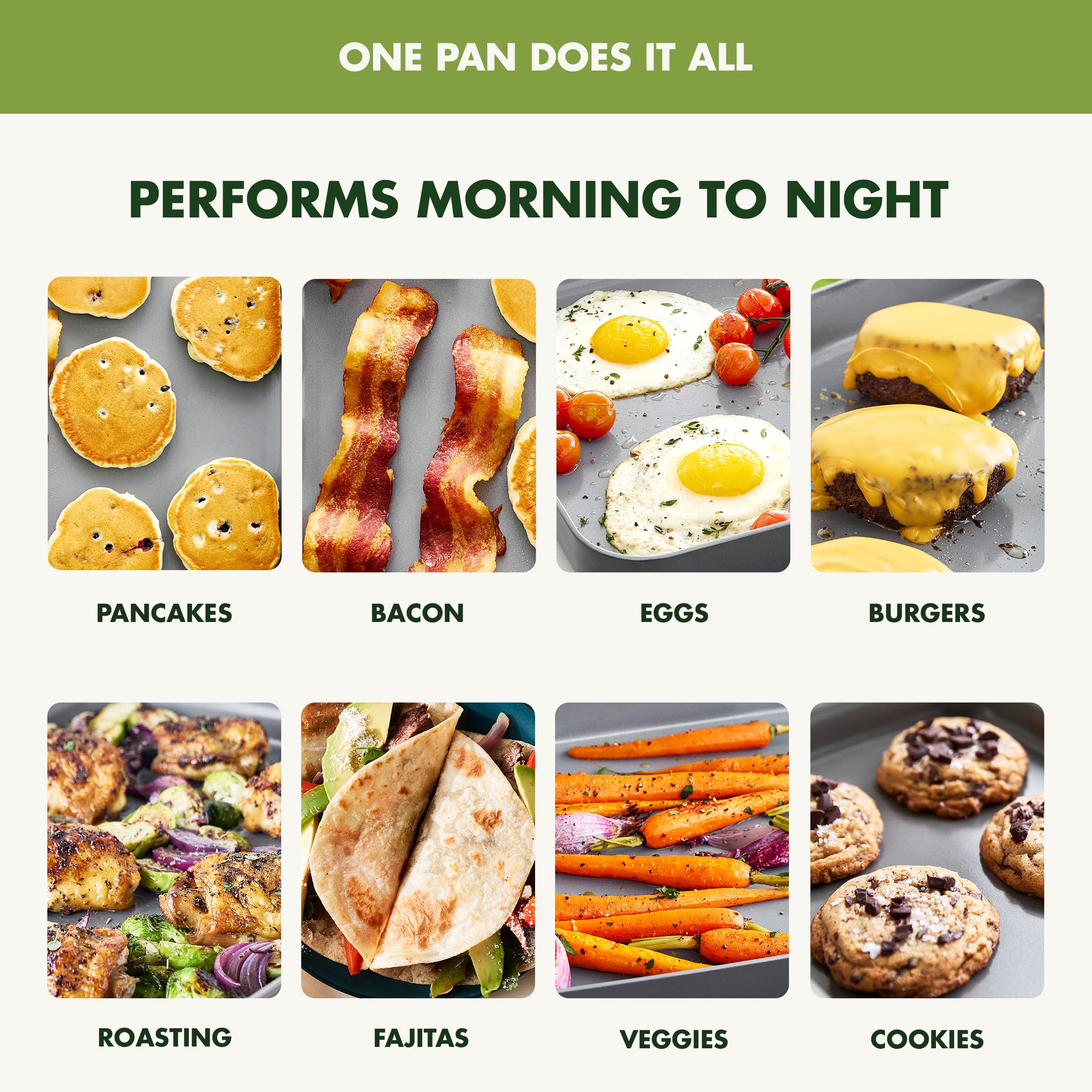 GreenPan griddle in use cooking breakfast for family, fast even searing benefit