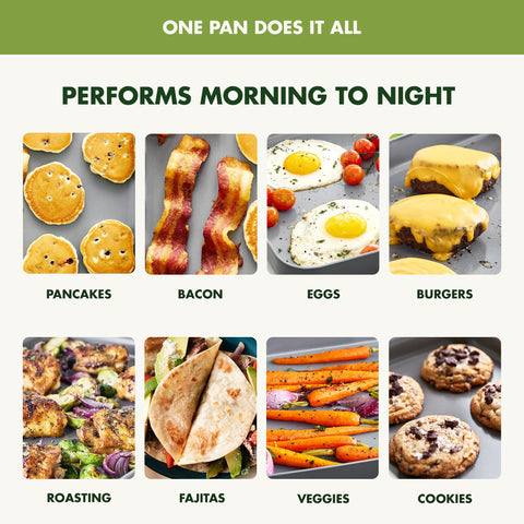 GreenPan griddle in use cooking breakfast for family, fast even searing benefit