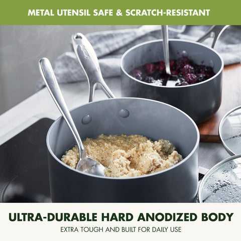 GreenPan saucepan in use simmering sauce demonstrating even heating and control