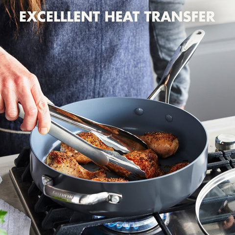 GreenPan pan in use searing steak to show nonstick release and browning benefit
