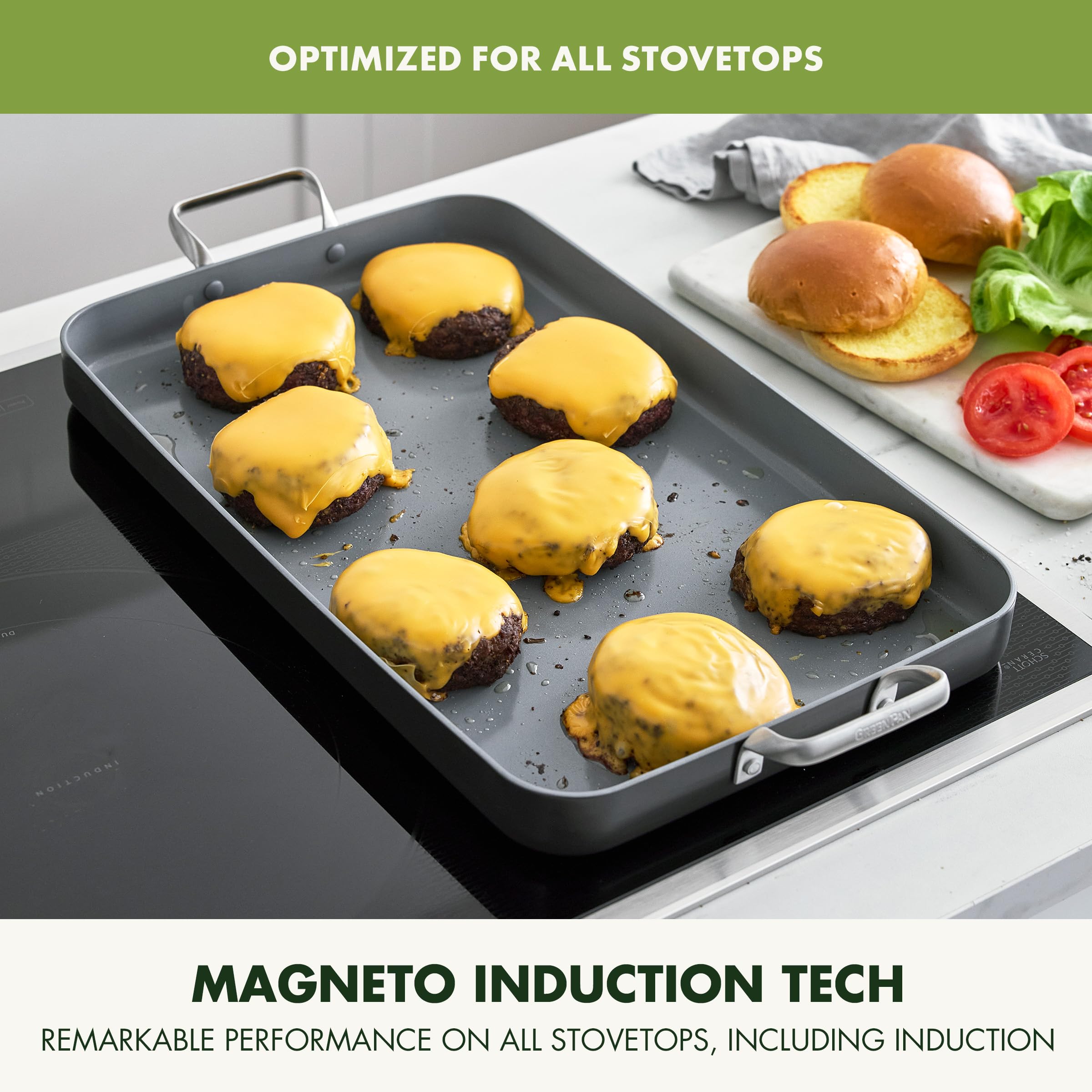 GreenPan Valencia Pro on induction cooktop illustrating all-stovetop compatibility benefit
