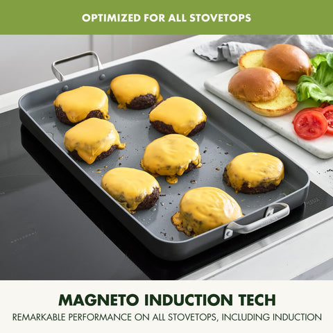 GreenPan Valencia Pro on induction cooktop illustrating all-stovetop compatibility benefit
