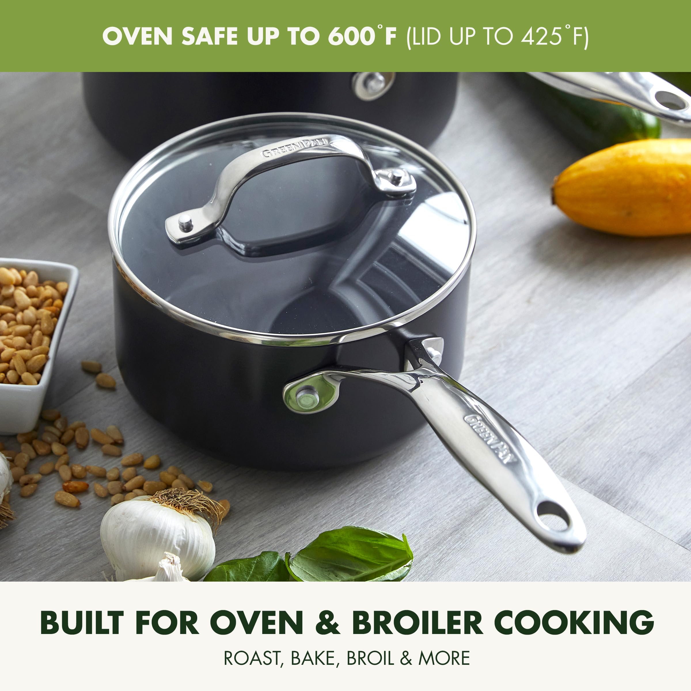 GreenPan oven-ready pan inside oven showing stovetop-to-oven versatility